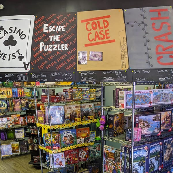 Board games and interior display at dreamESCAPE Gaming in Leduc, AB